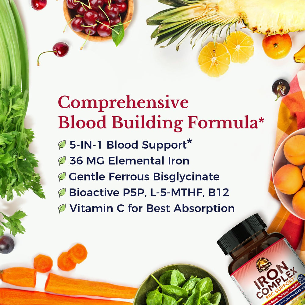 Vitalitown Iron Complex ingredients panel shows bioactive vitamins