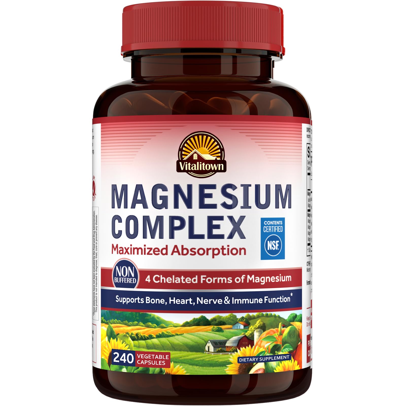 Vitalitown Magnesium Complex bottle front shows four chelated forms for enhanced absorption