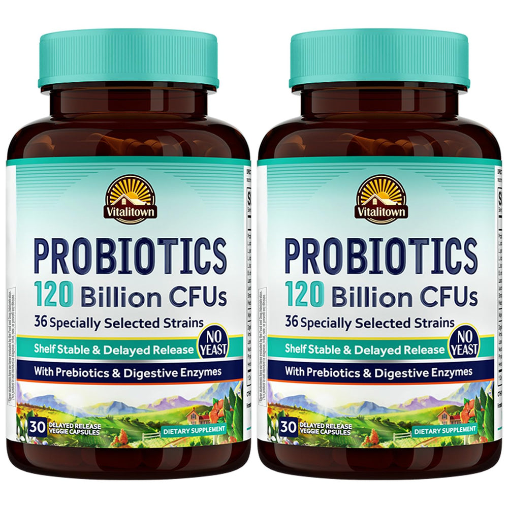 Vitalitown Probiotics bottle with 120B CFUs for gut support.