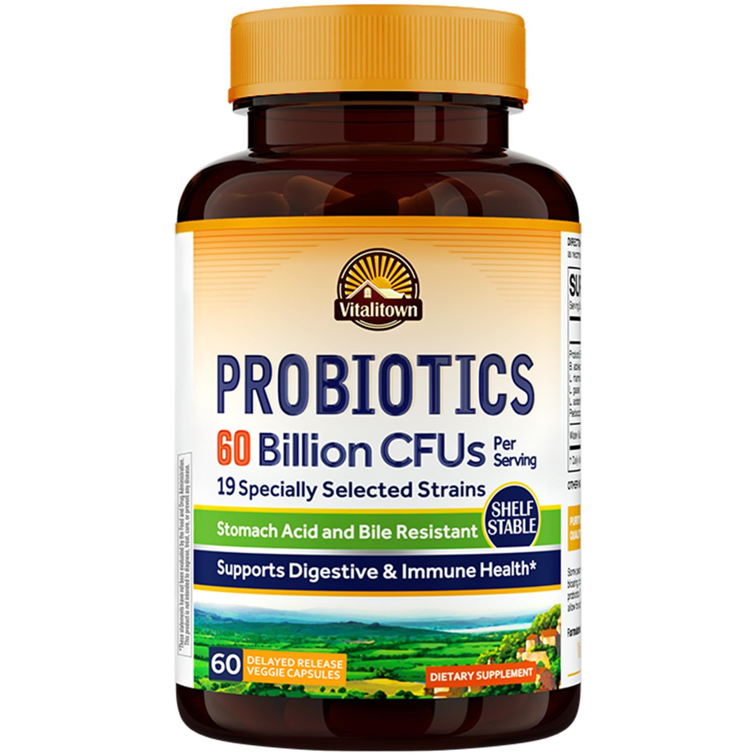 Vitalitown Probiotics bottle front highlighting prebiotics for digestive balance