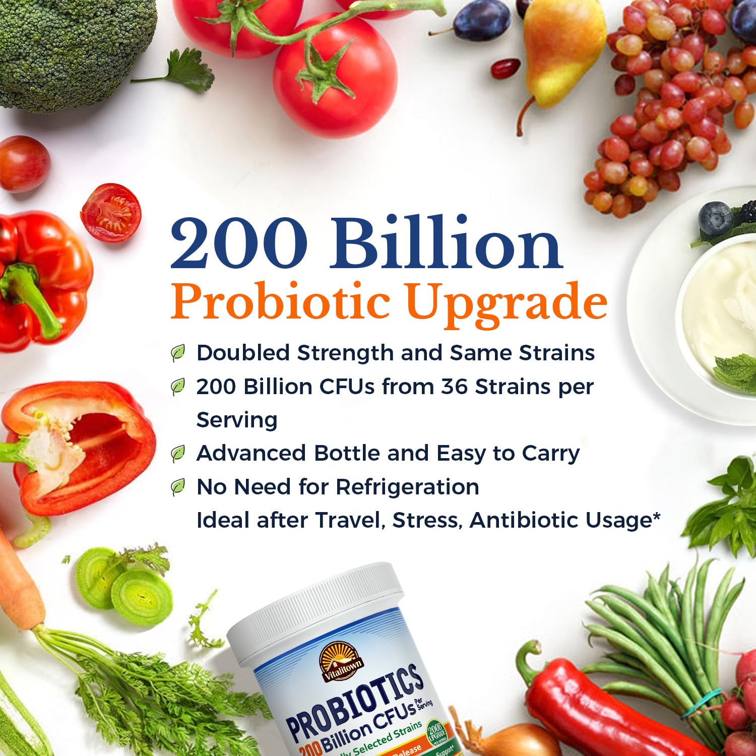 Shelf-stable Vitalitown Probiotics bottle maintains potency for daily use