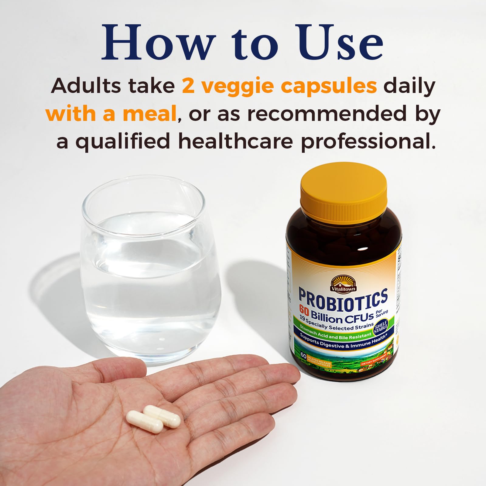 Vitalitown Probiotics vegan no dairy icon on bottle for plant-based use