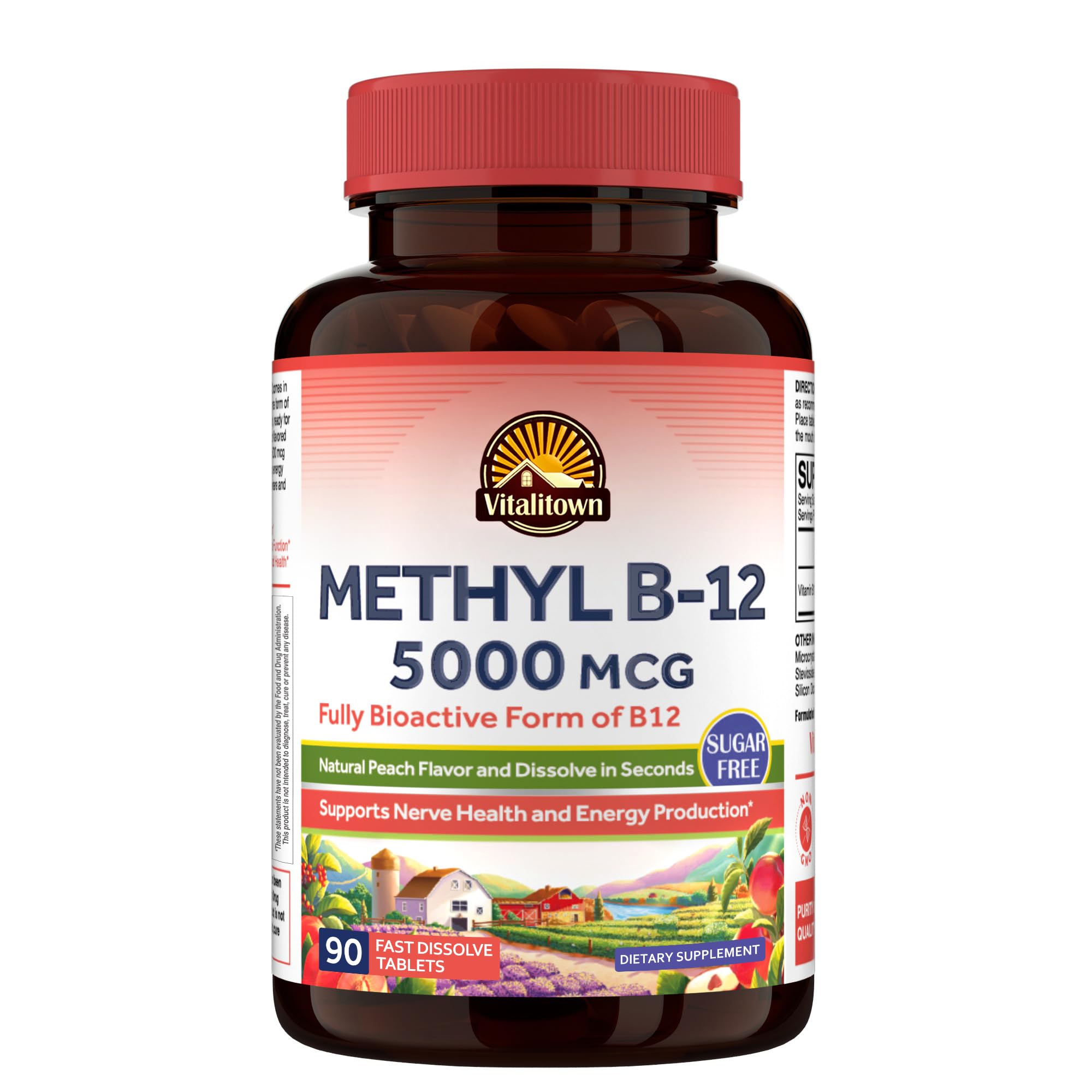 Vitalitown Vitamin B12 methylcobalamin 5000 mcg fast-dissolve tablets for energy support.