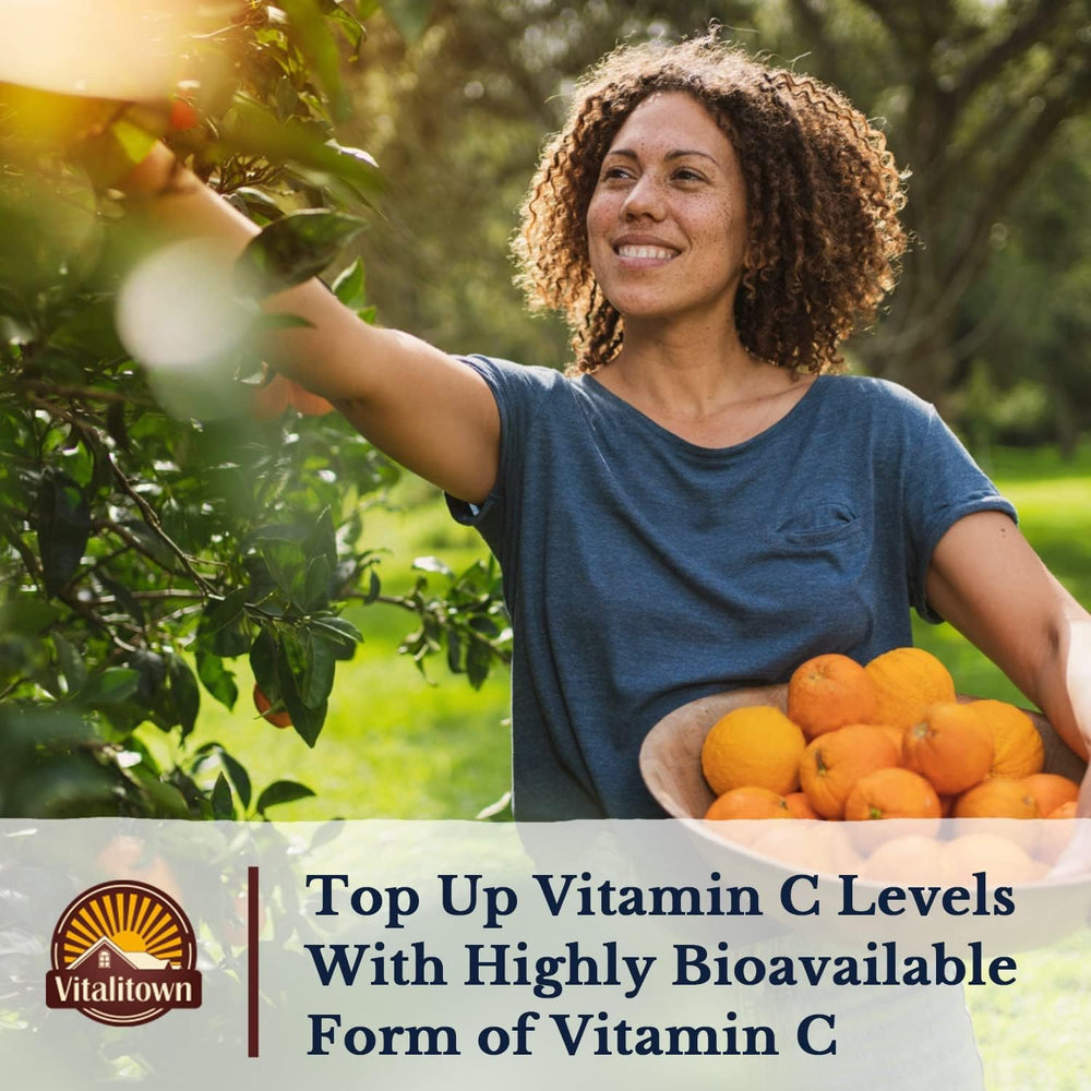 Vitalitown Vitamin C 1000mg bottle packaging highlights USA-made quality and purity.