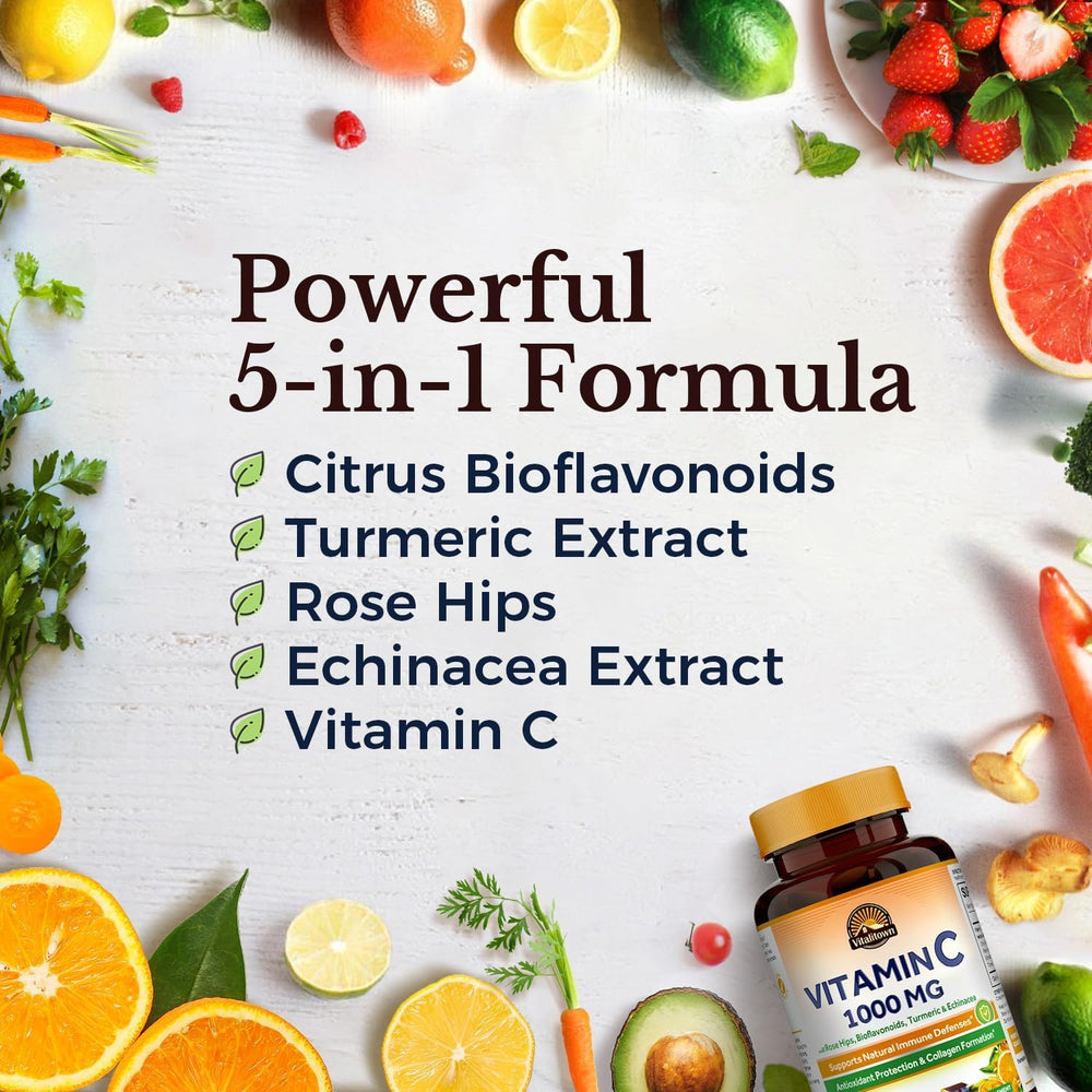 Vitalitown Vitamin C 1000mg with rose hips and bioflavonoids on label for immune support.