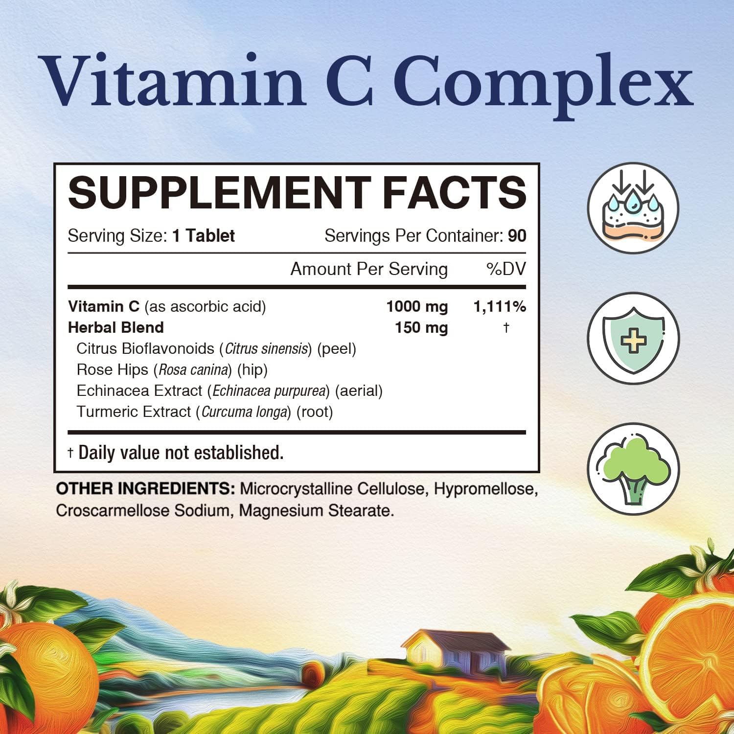 Close-up of Vitalitown Vitamin C 1000mg tablets for daily immune support.