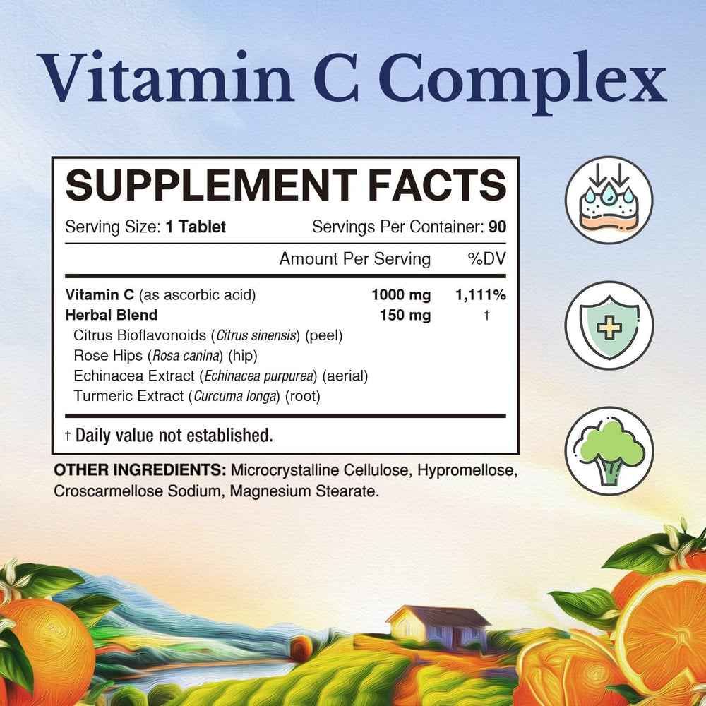 Close-up of Vitalitown Vitamin C 1000mg tablets for daily immune support.
