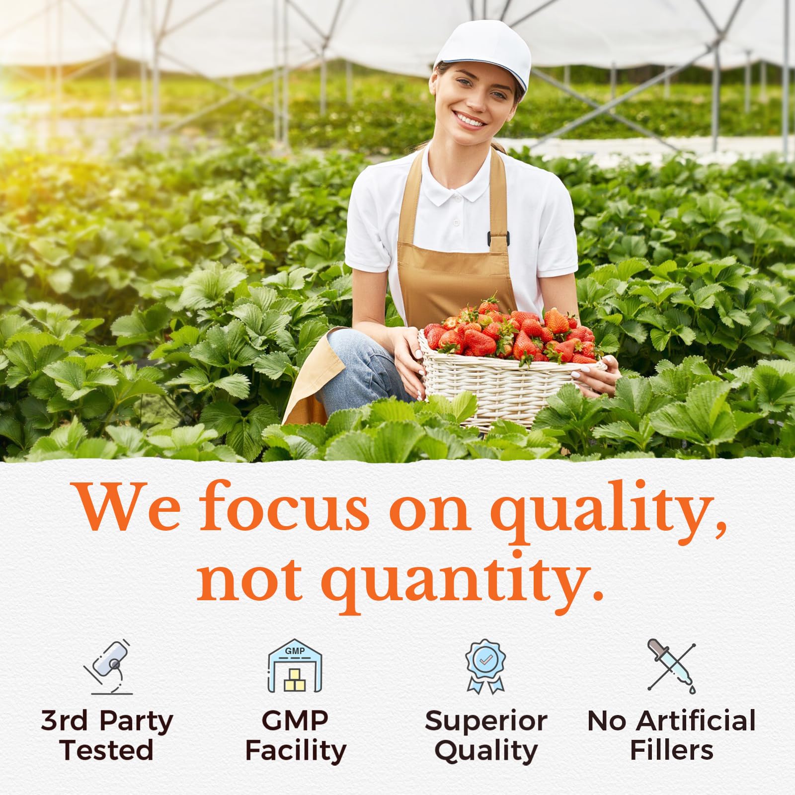 Vitalitown glass bottle with softgels in natural light.