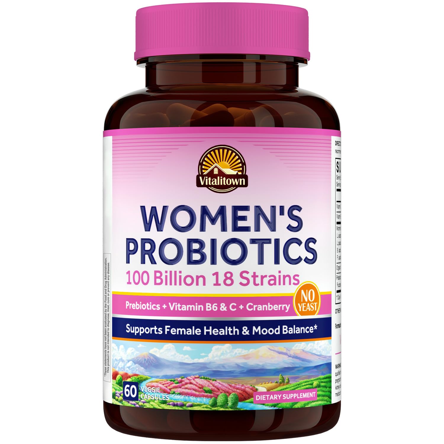Vitalitown Women’s Probiotics bottle front shows 100B CFU blend for gut and urinary support