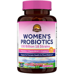 Vitalitown Women’s Probiotics bottle front shows 100B CFU blend for gut and urinary support