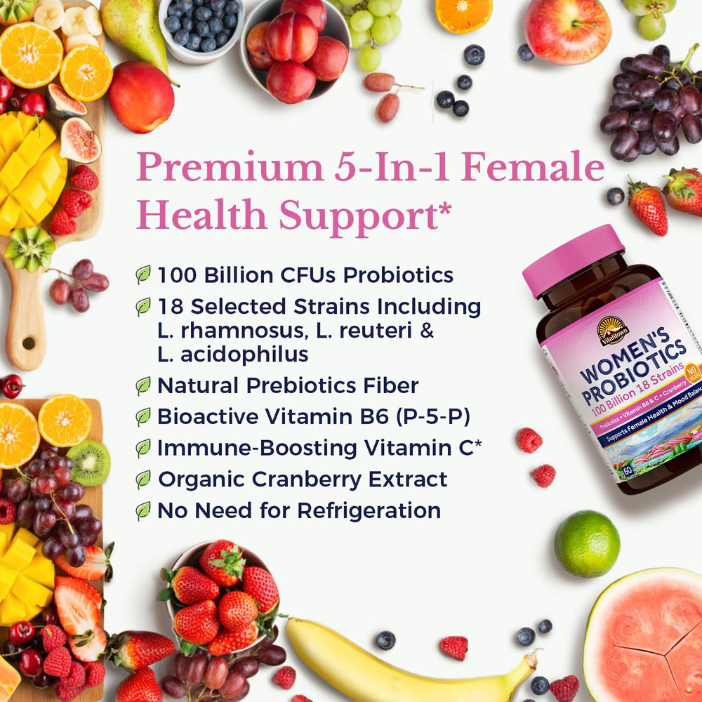 Vitalitown Women’s Probiotics capsules closeup emphasizing vegetarian capsules and 100B CFUs