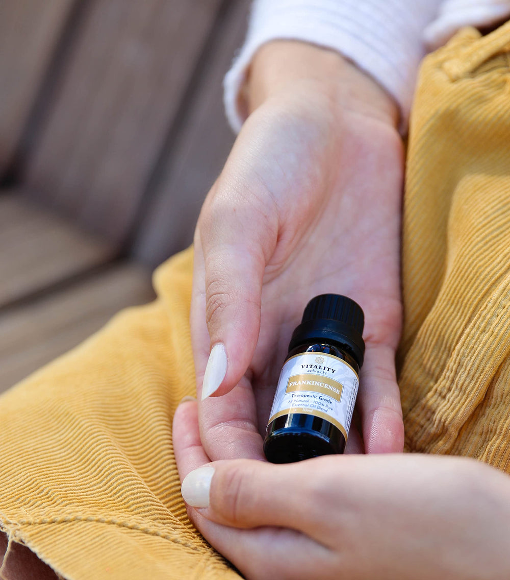 Vitality Frankincense Essential Oil with vegan and cruelty-free notes.