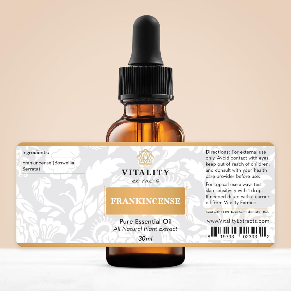 Vitality Frankincense label and ingredients highlight clean, vegan formula.