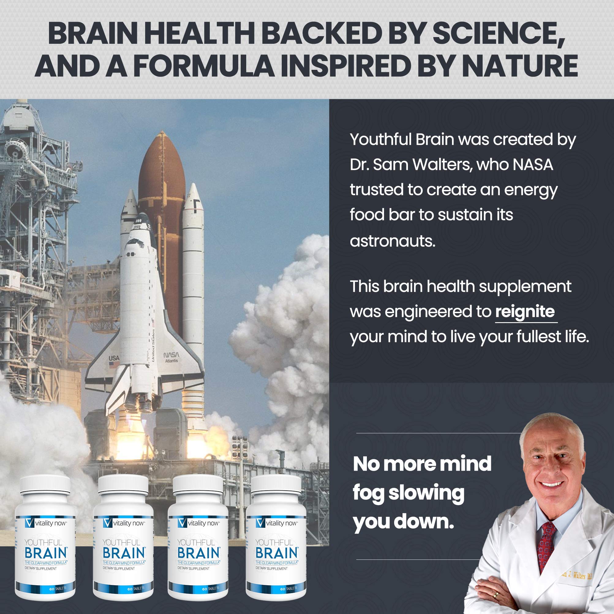 Vitality Now Brain Boost Formula bottle imagery hints at sustained cognitive support.