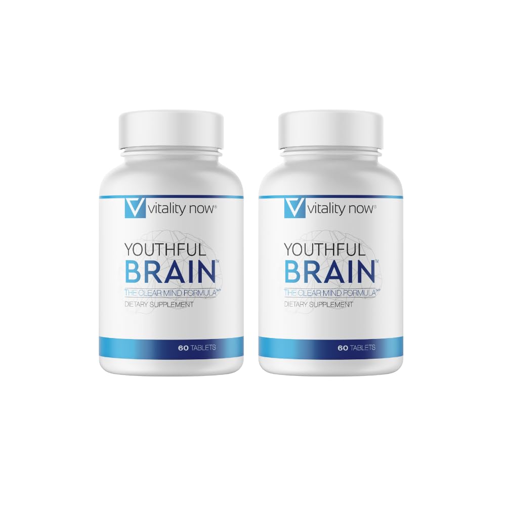 Vitality Now Youthful Brain bottle front view highlighting easy daily tablets for steady mental energy.