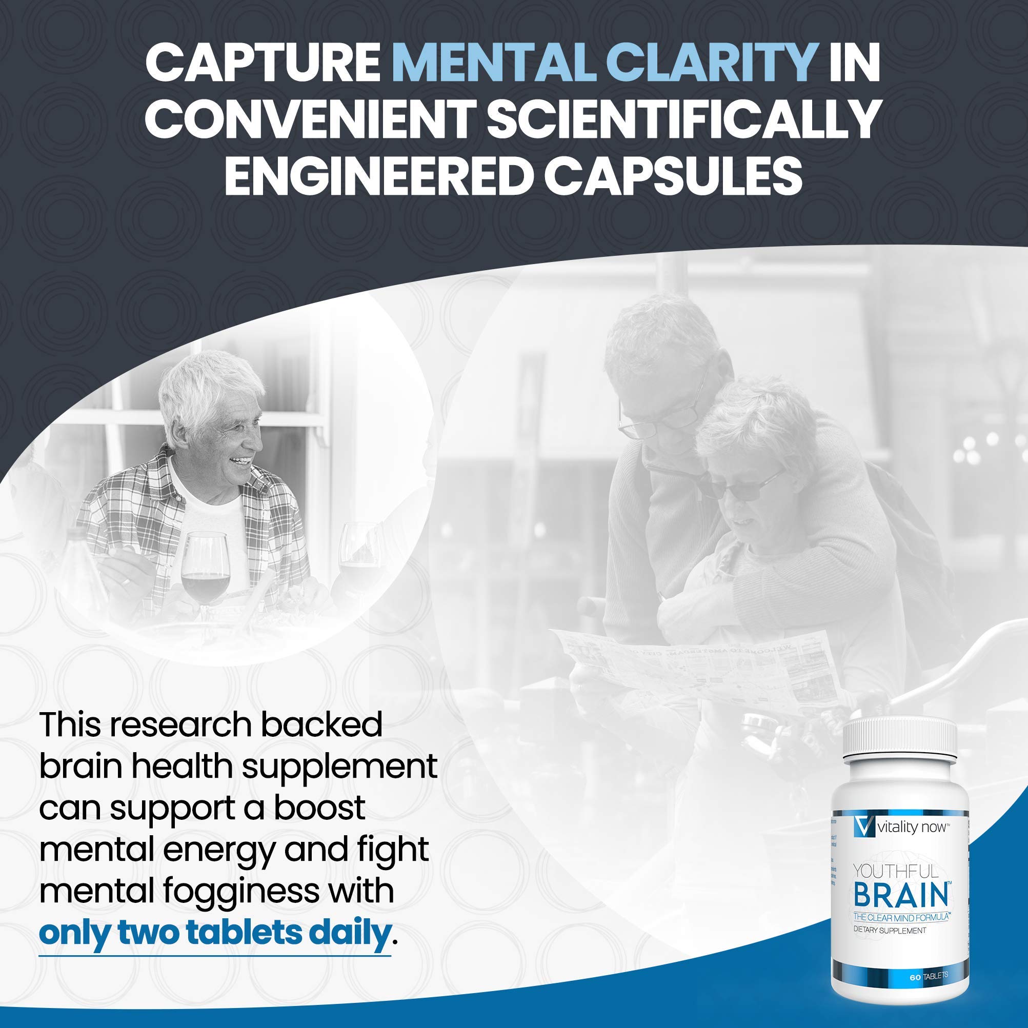 Vitality Now Youthful Brain bottle label shows dosage and key ingredients.