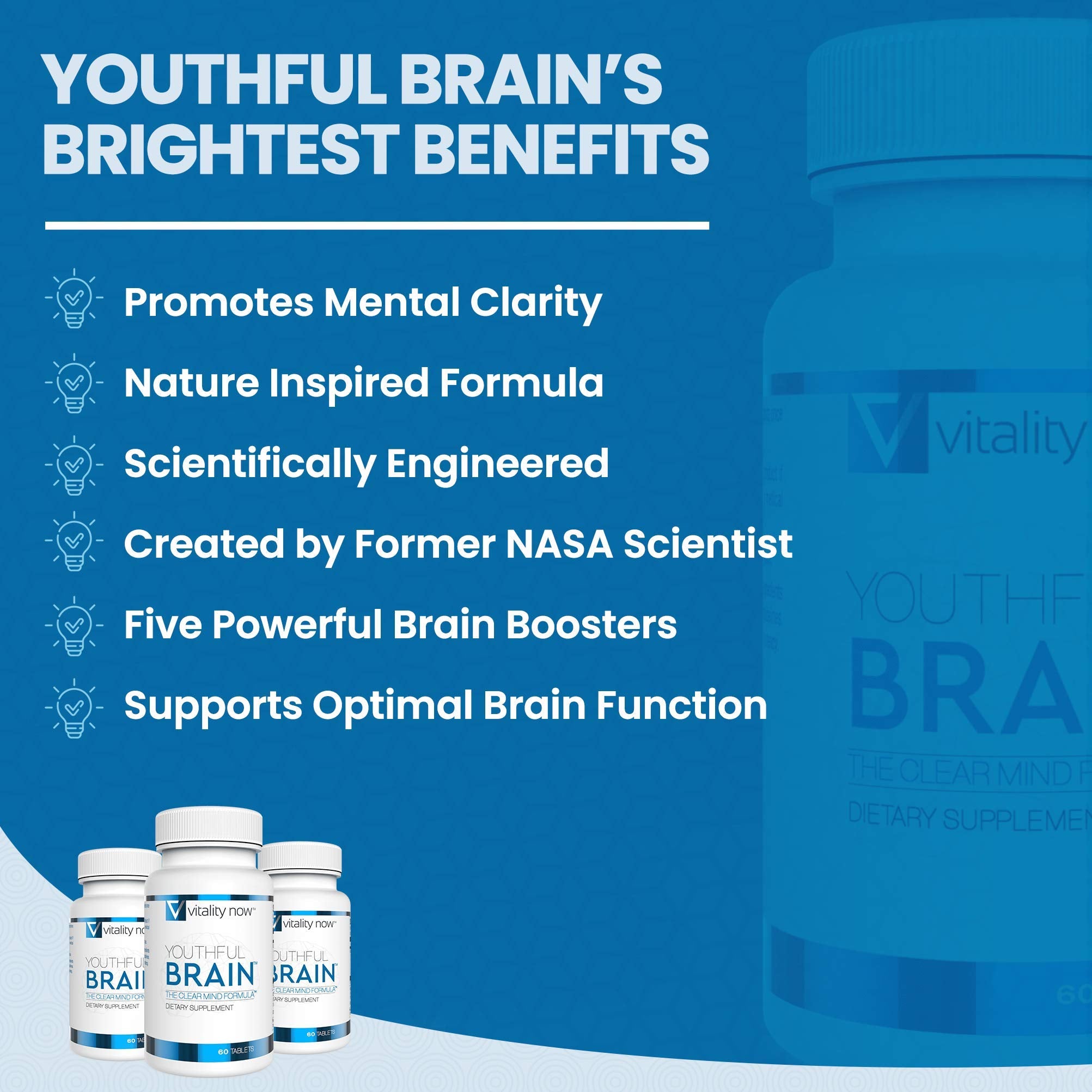 Vitality Now Youthful Brain capsules closeup emphasizes compact, two-per-day convenience.
