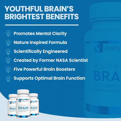Vitality Now Youthful Brain capsules closeup emphasizes compact, two-per-day convenience.