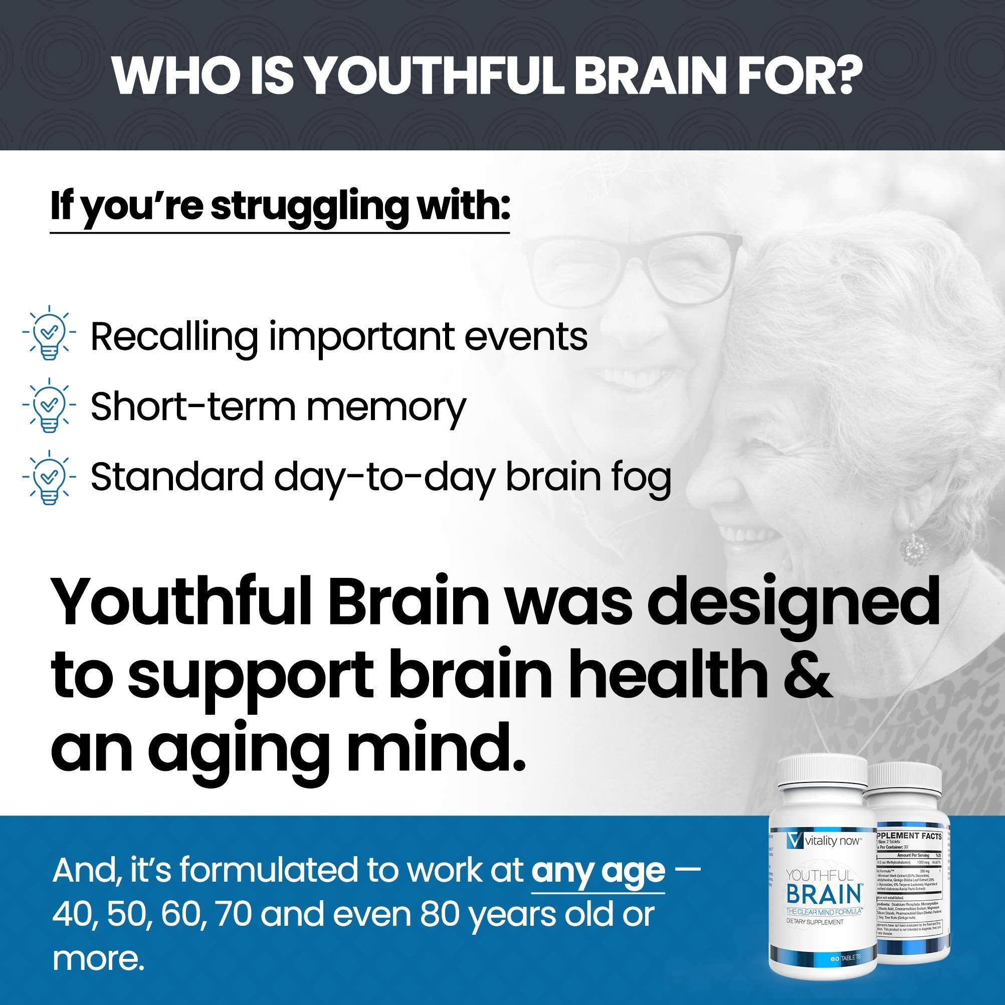 Vitality Now Youthful Brain packaging inside view showcases detailed benefits and dosage.
