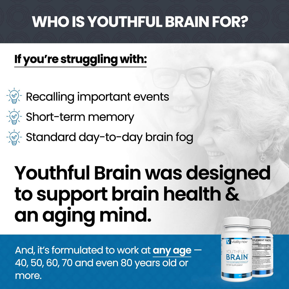 Vitality Now Youthful Brain packaging inside view showcases detailed benefits and dosage.