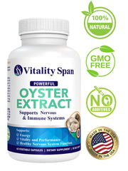 Vitality Span bottle front label highlighting natural oyster extract and capsules.