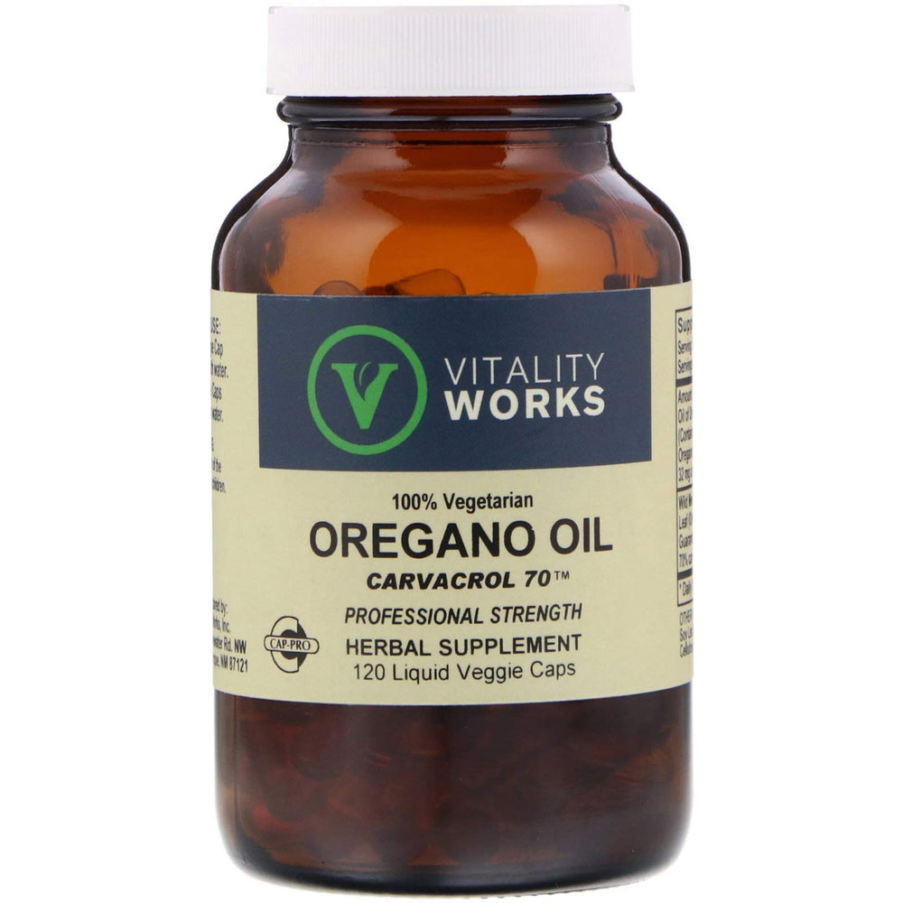 Vitality Works vegan oregano oil bottle with Cap-Pro cap for convenient daily use.