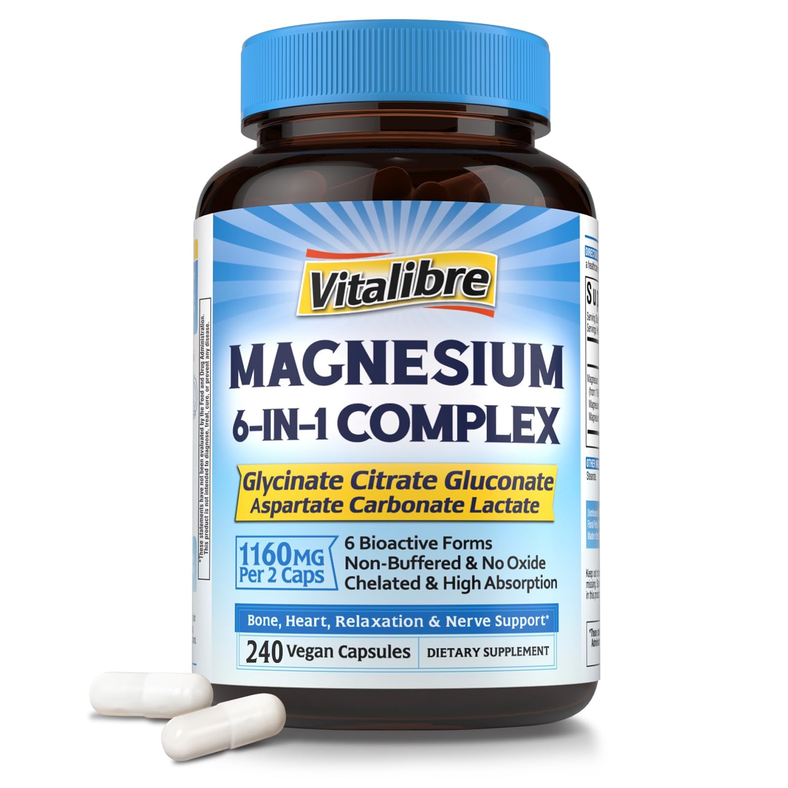 Vitalibre Magnesium Complex bottle front view with capsules for easy daily relaxation.