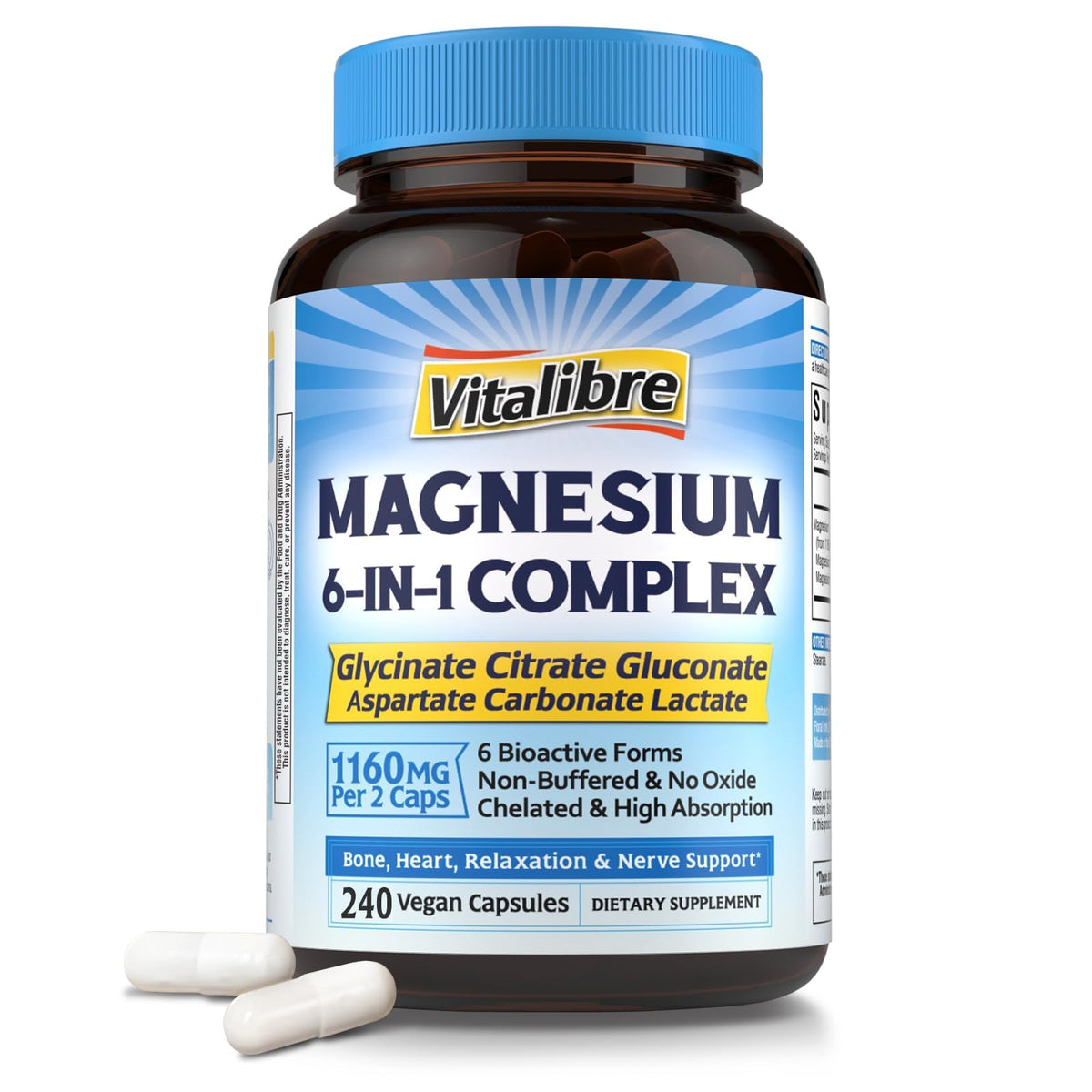 Vitalibre Magnesium Complex bottle front view with capsules for easy daily relaxation.