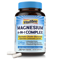 Vitalibre Magnesium Complex bottle front view with capsules for easy daily relaxation.