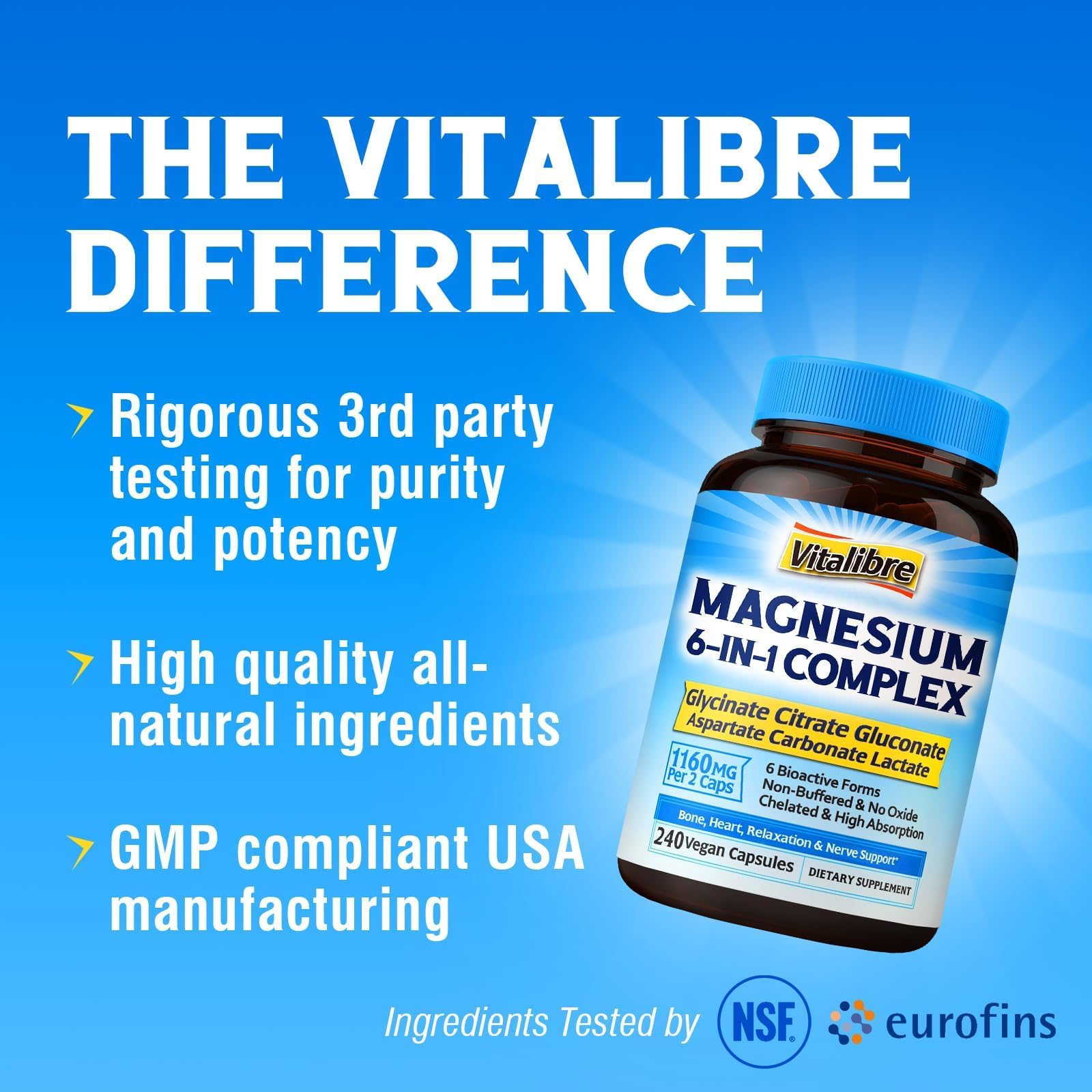 Vitalibre Magnesium Complex bottle paired with sleep aids suggesting rest support.