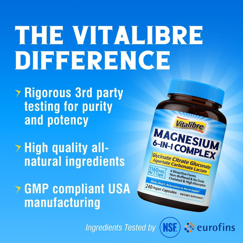 Vitalibre Magnesium Complex bottle paired with sleep aids suggesting rest support.