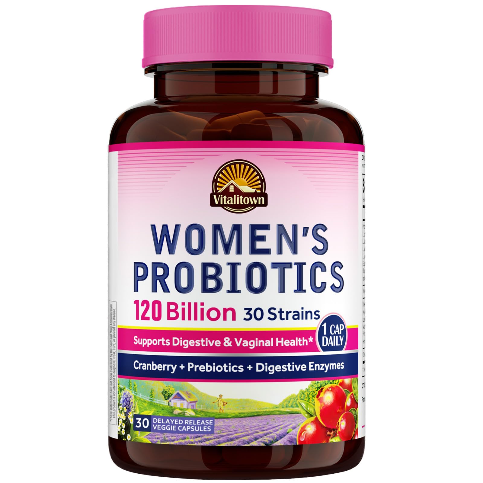 Vitalitown Womens Probiotics bottle showing 120B CFUs for gut and vaginal balance.