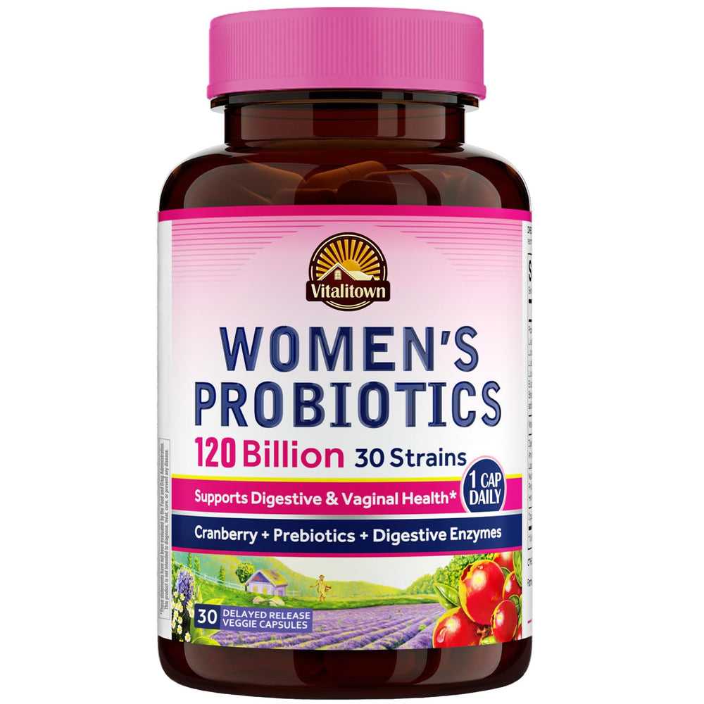 Vitalitown Womens Probiotics bottle showing 120B CFUs for gut and vaginal balance.