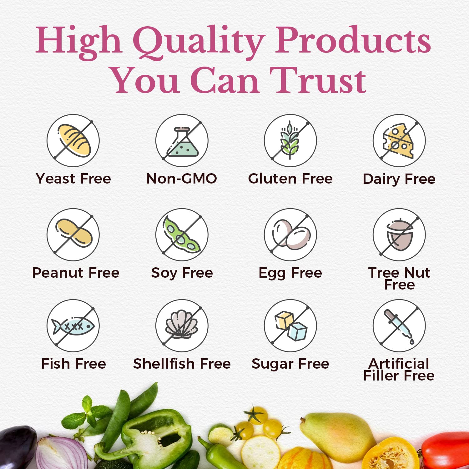 Vitalitown vegan and allergen-free icons on bottle indicating clean ingredients.