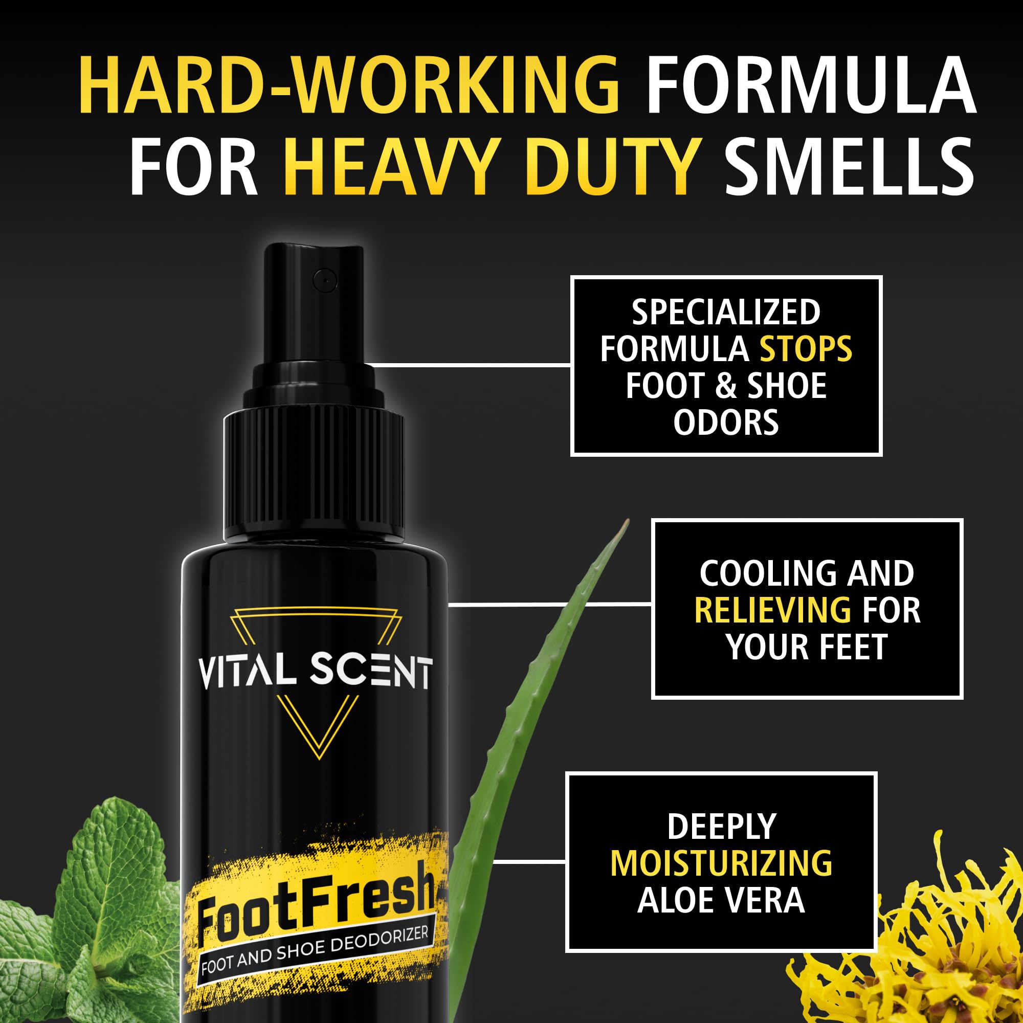 VITALSCENT Foot Spray bottle featuring witch hazel for refreshing cooling after a long day.