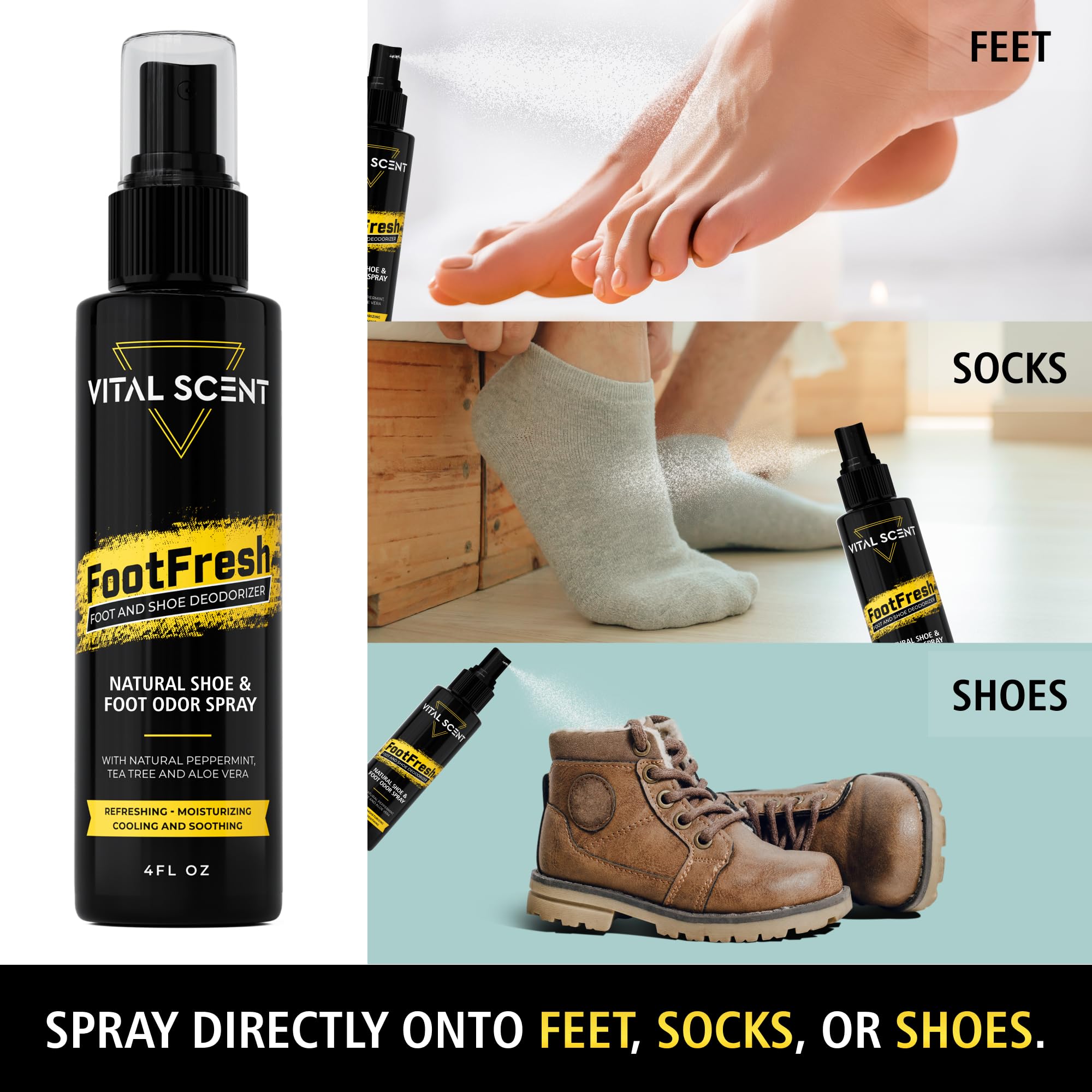 VITALSCENT Shoe Deodorizer Spray Mint Tea Tree Mist delivers cooling freshness for tired feet and shoes.