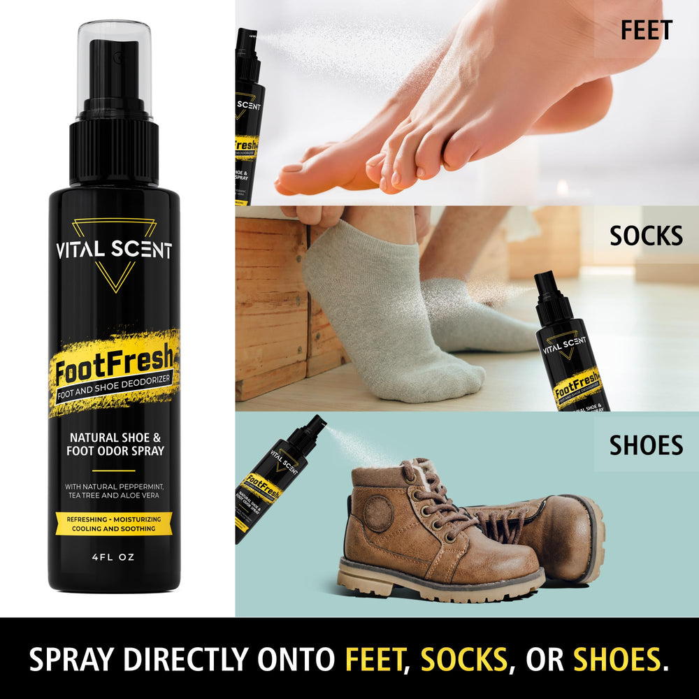 VITALSCENT Shoe Deodorizer Spray Mint Tea Tree Mist delivers cooling freshness for tired feet and shoes.
