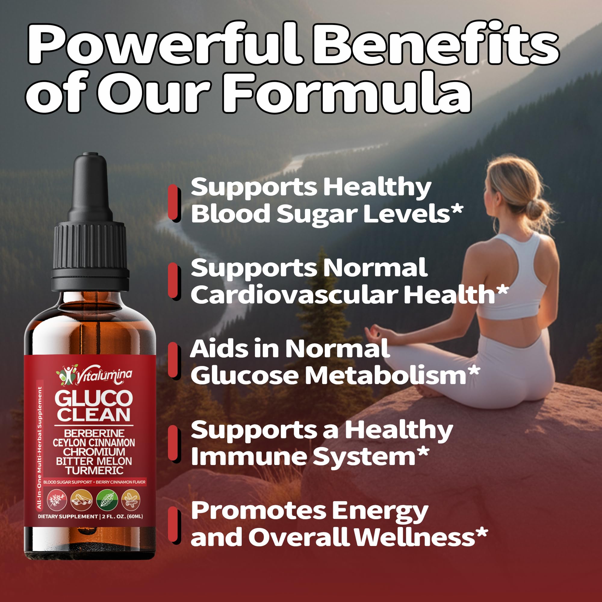 Vitalumina Gluco Clean daily-use bottle shown with water for convenient mixing.