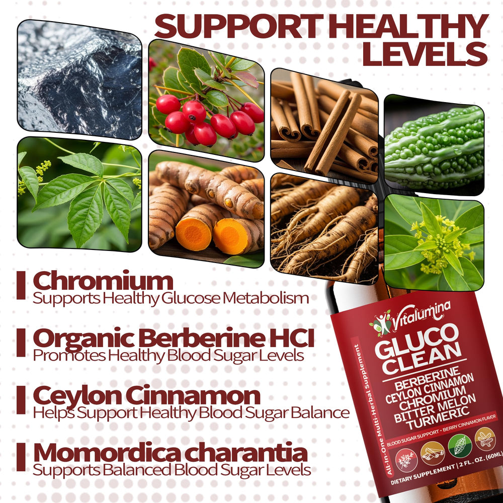 Vitalumina Gluco Clean ingredient blend close-up, highlighting berberine and chromium.