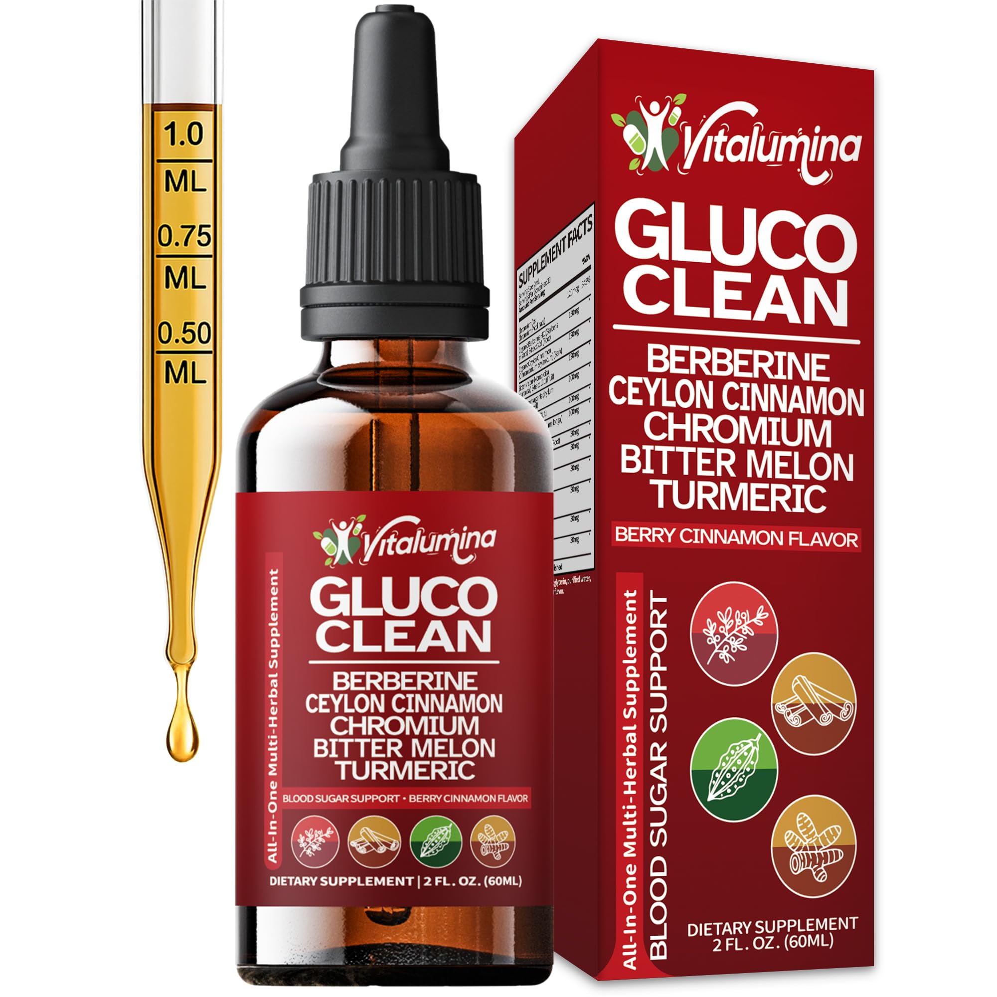 Vitalumina Gluco Clean packaging and label emphasizing sugar-free formulation.