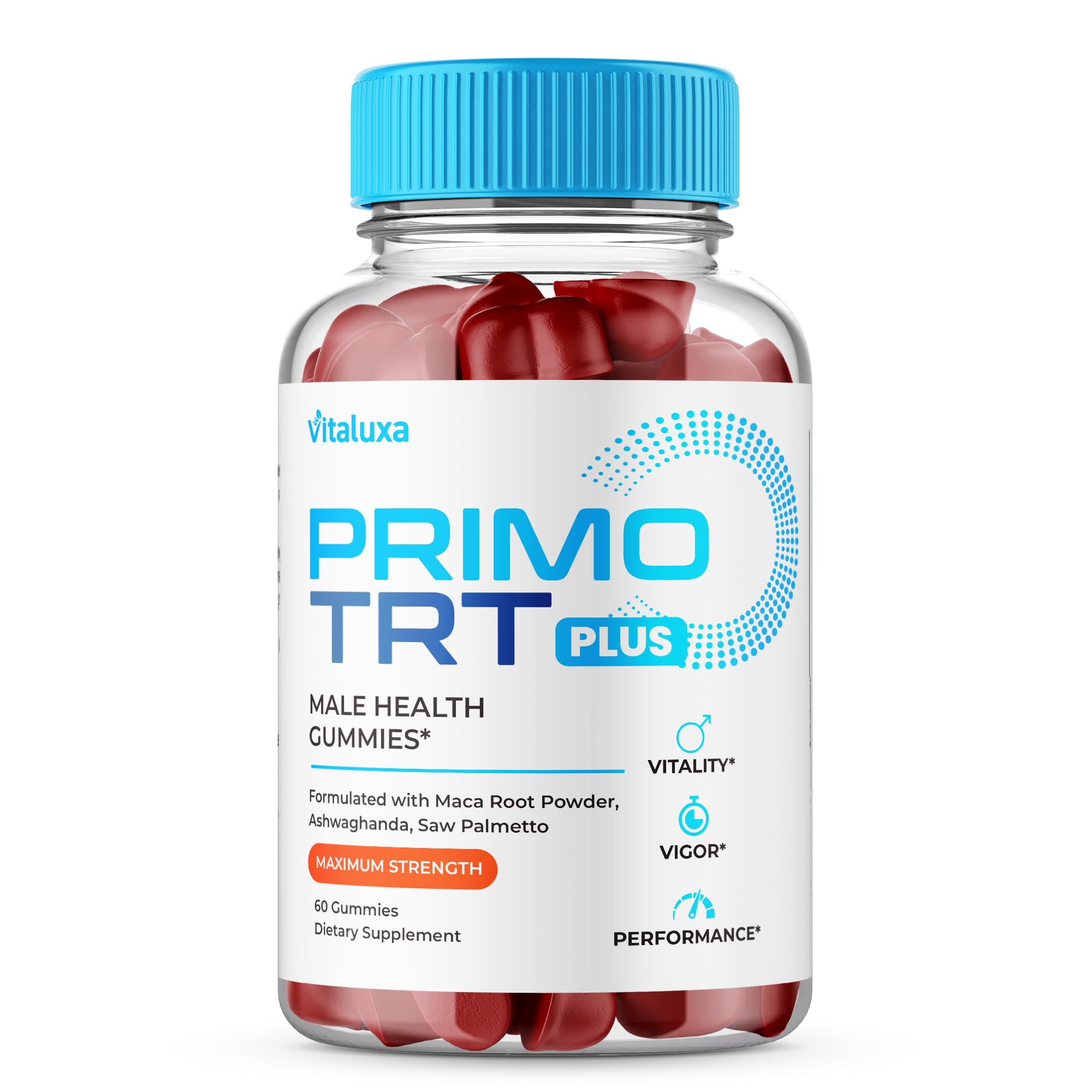 Vitaluxa Primo TRT Gummies bottle labeled for daily wellness support.