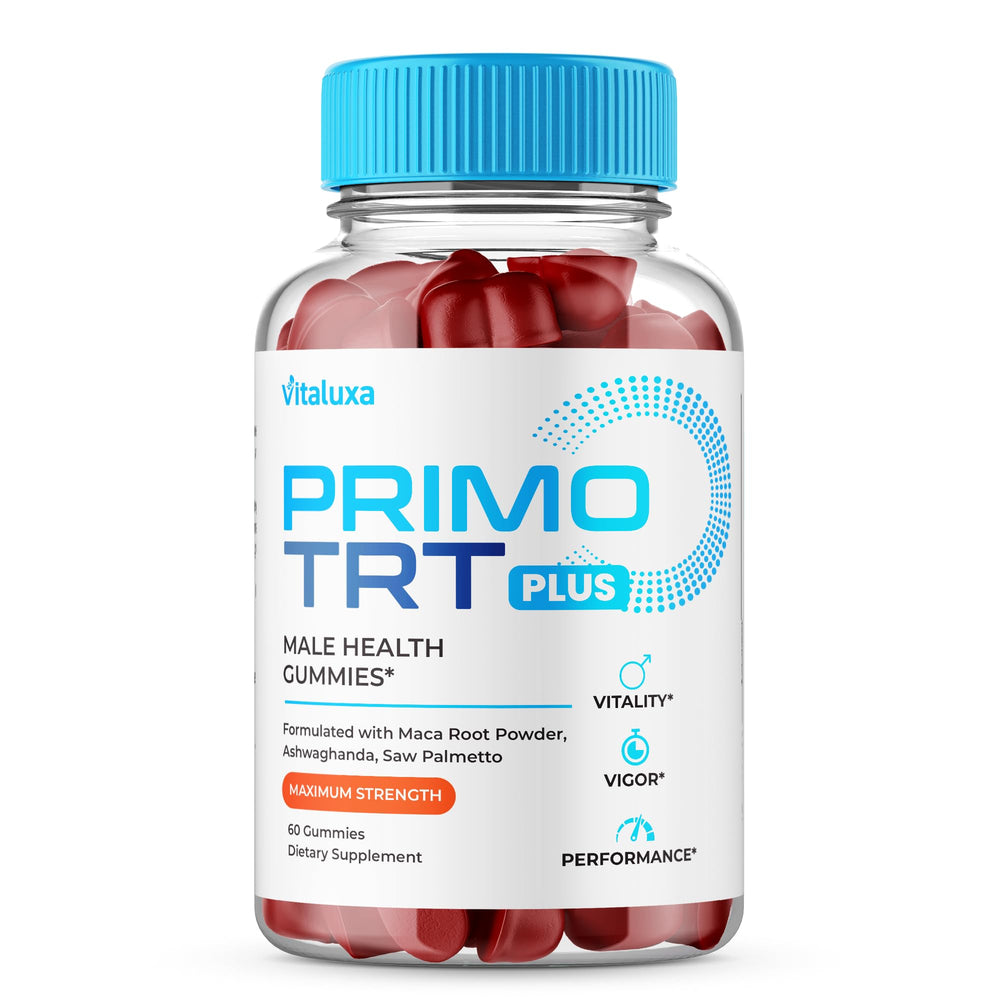 Vitaluxa Primo TRT Gummies bottle labeled for daily wellness support.