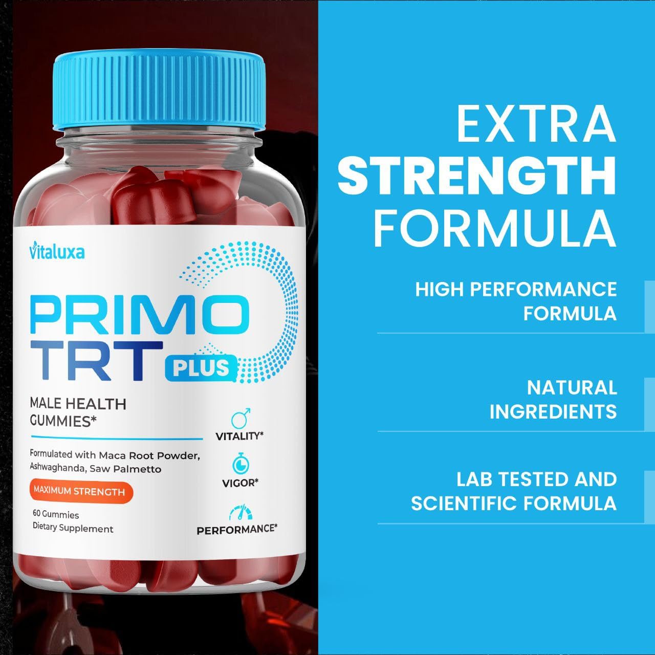Vitaluxa Primo TRT Gummies label highlights natural ingredients.