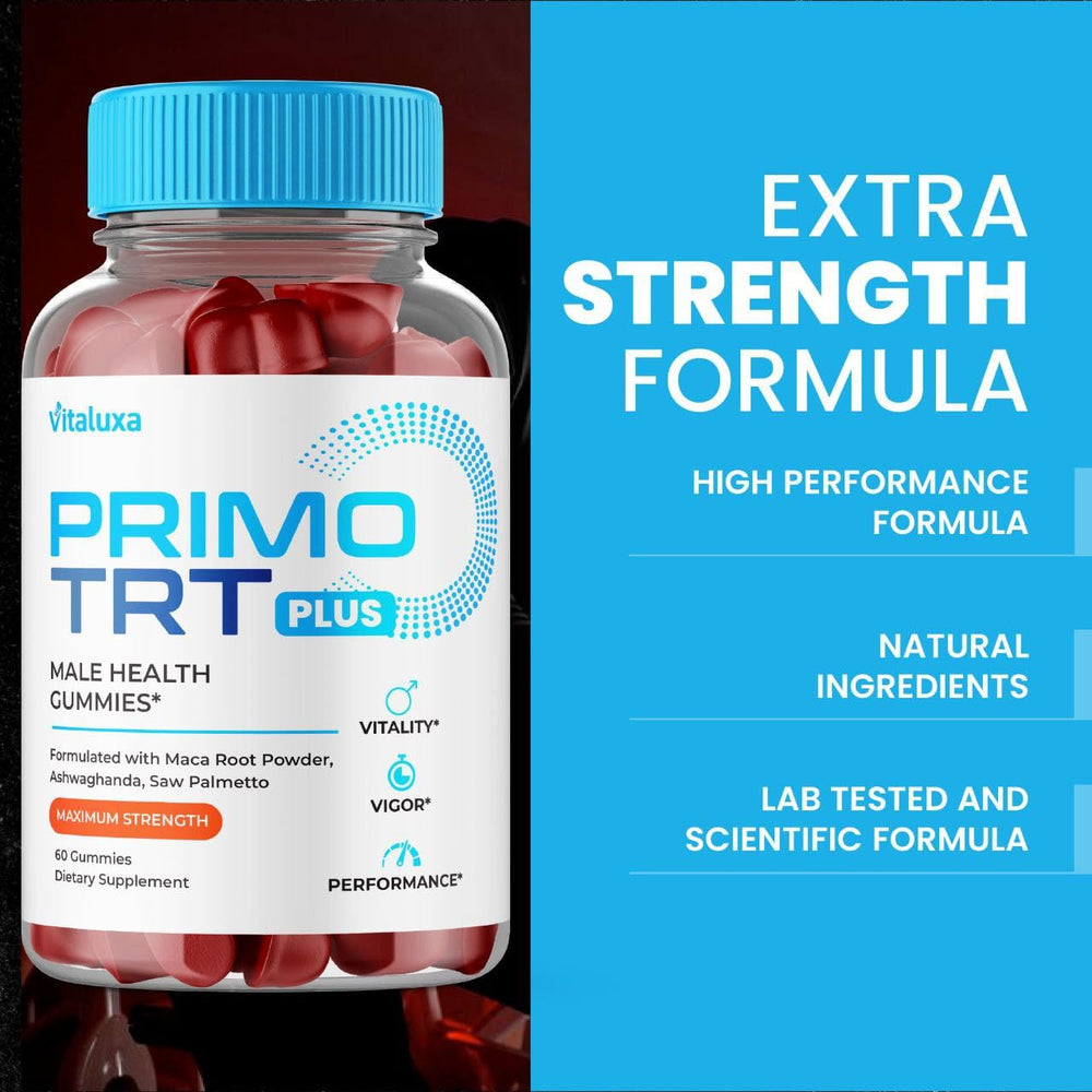 Vitaluxa Primo TRT Gummies label highlights natural ingredients.