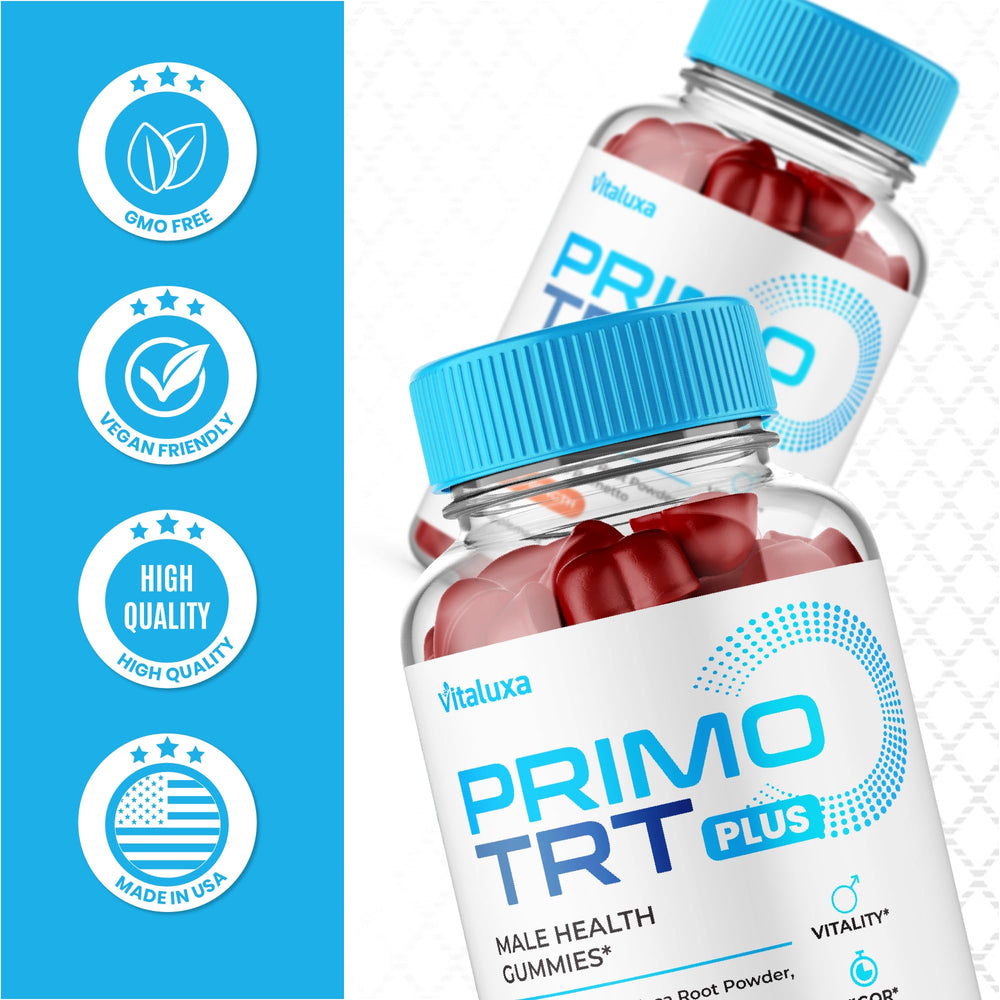 Vitaluxa Primo TRT Gummies arranged with breakfast setup for morning routine.