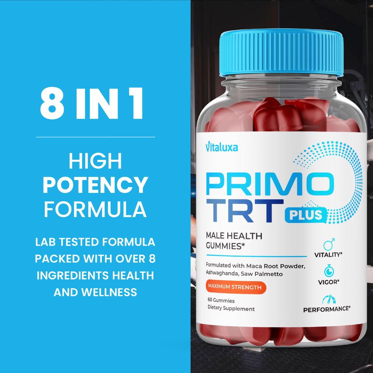 Vitaluxa Primo TRT Gummies packaging and jar displayed for easy reference.