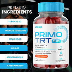 Close-up of Vitaluxa Primo TRT Plus gummies highlighting soft chew texture.