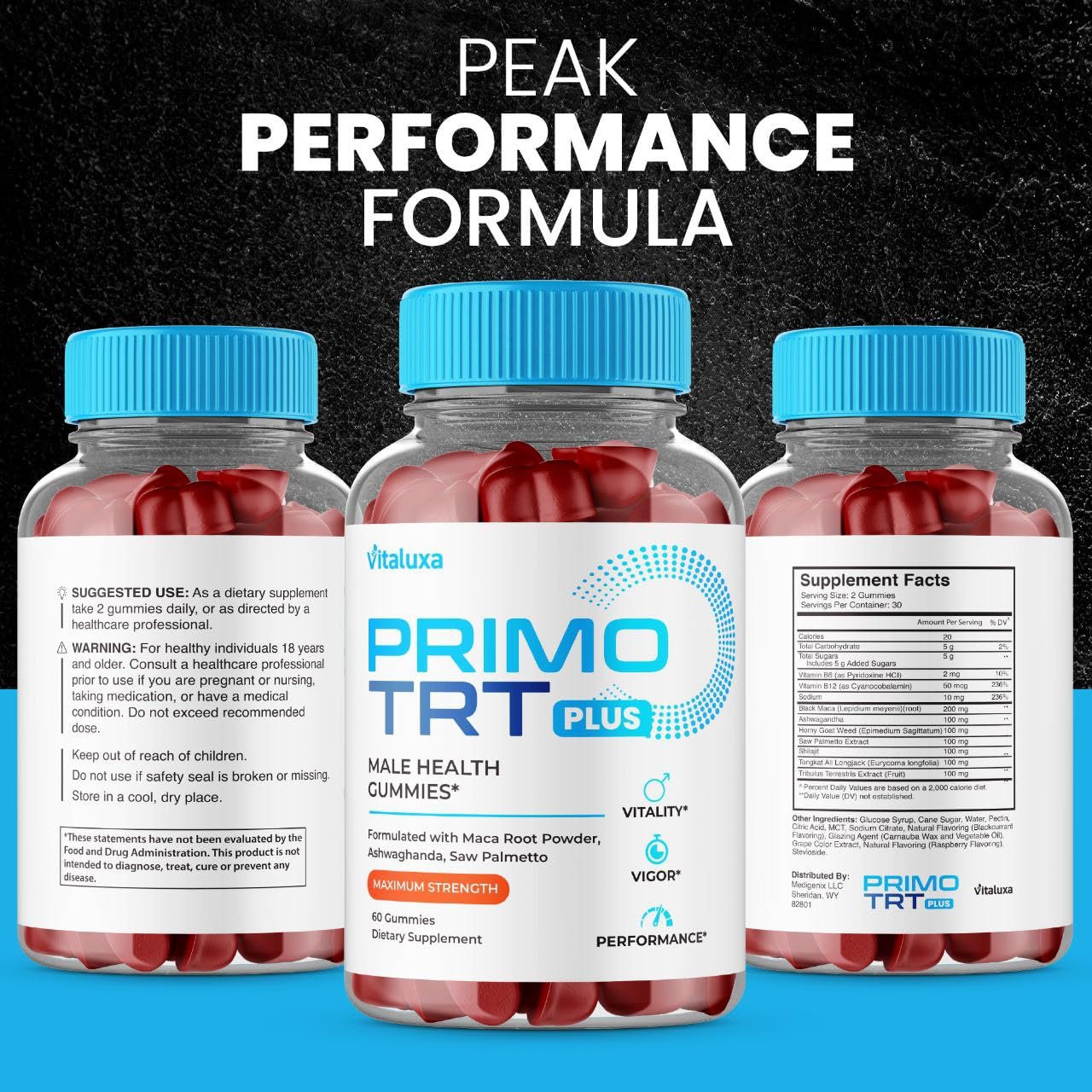 Vitaluxa Primo TRT Plus gummies held in hand for simple daily use.