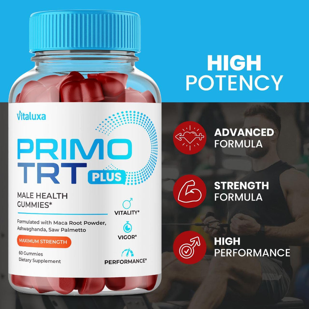 Gummy pour shot of Vitaluxa Primo TRT Plus emphasizes texture and color.