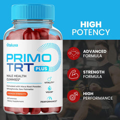 Gummy pour shot of Vitaluxa Primo TRT Plus emphasizes texture and color.